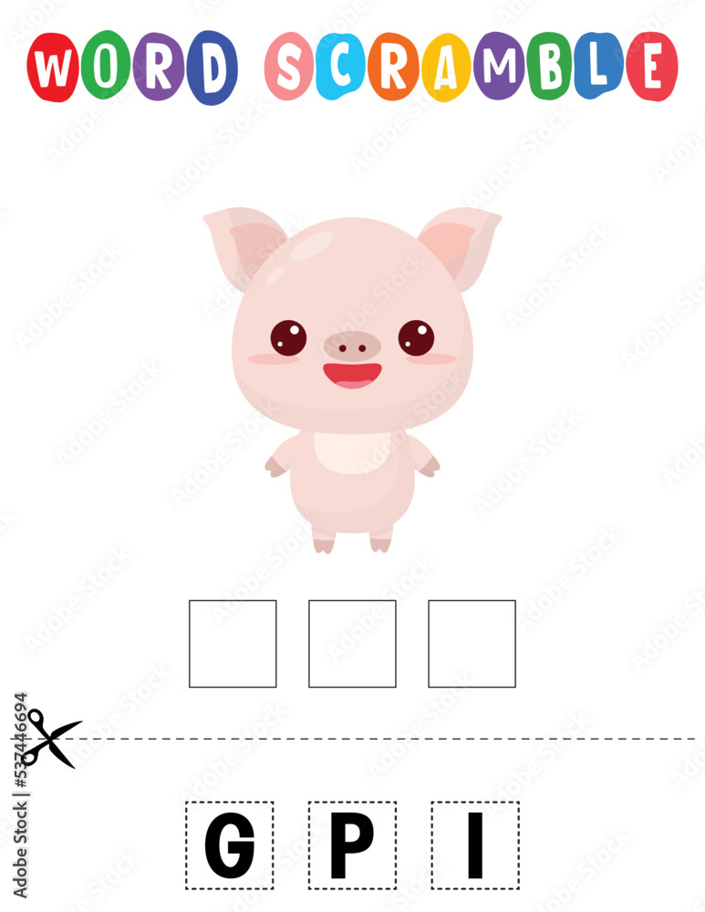 Pig Word scramble . Educational game for kids. English language spelling worksheet for preschool children Pig Word scramble . Educational game for kids. English language spelling worksheet for preschool children