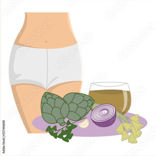 Purifying broth of artichoke, onion, celery and parsley, for a flat stomach, illustration