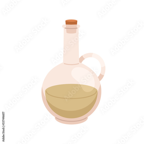 Extra virgin olive oil in glass jug. Corked transparent jar, bottle, flask of...