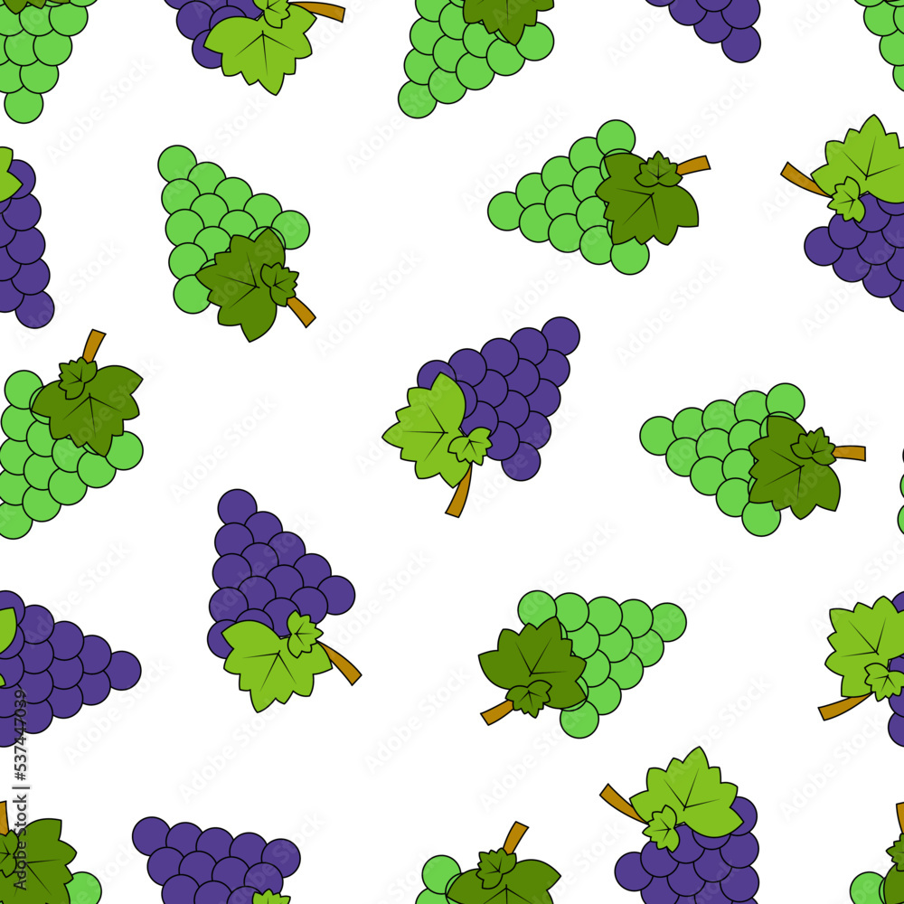Seamless pattern with green and blue grapes on a white background