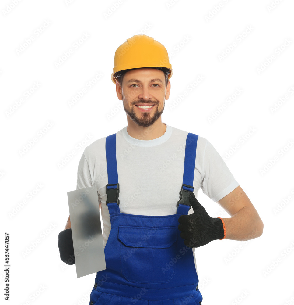 Professional worker with putty knife in hard hat on white background Professional worker with putty knife in hard hat on white background