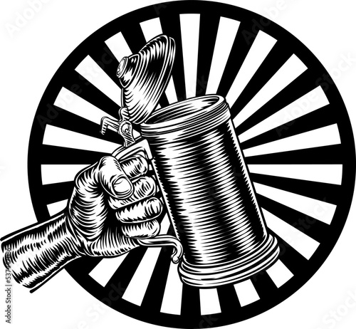 A hand holding a beer stein German Oktoberfest pint tankard mug in a retro vintage intaglio woodcut engraved style