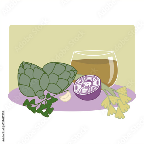Purifying broth of artichoke, onion, celery and parsley, detox drink, illustration