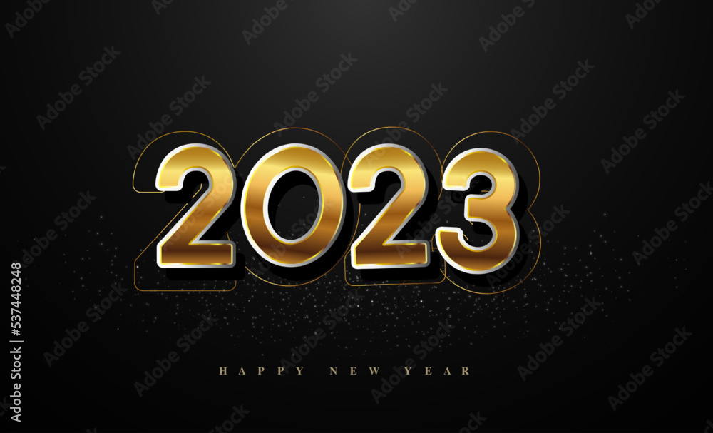 Happy New Year 2023 with isolated on black background, text design gold colored, vector elements for calendar and greeting card.