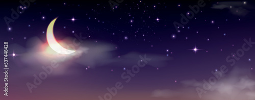 night starry sky with moon. Space. Vector illustration on the theme of astrology or astronomy. Horizontal banner, dark background