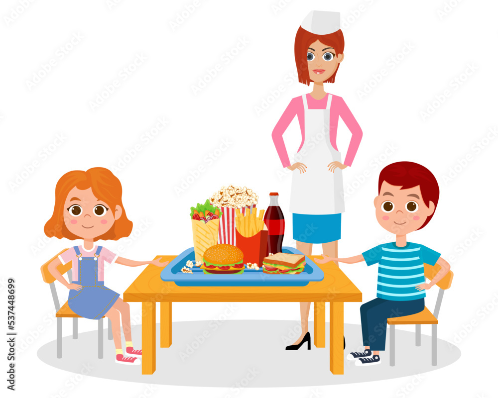 Children eat fast food sitting at the table.Vector illustration. Children eat fast food sitting at the table.Vector illustration.