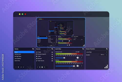Software for video recording and live streaming on transparent window. Screen capture. Vector illustration.