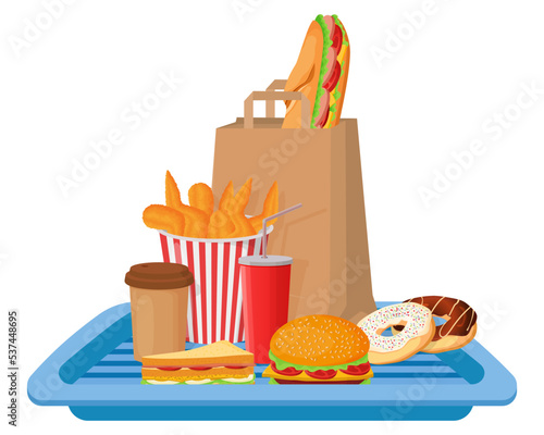 A tray with a set of fast food.Burger, fried chicken wings, sandwich, donuts and coffee.Vector illustration.