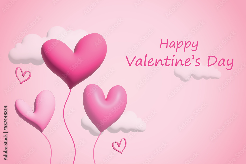 Happy valentine day concept, 3D pink hearts balloon collection on pink background