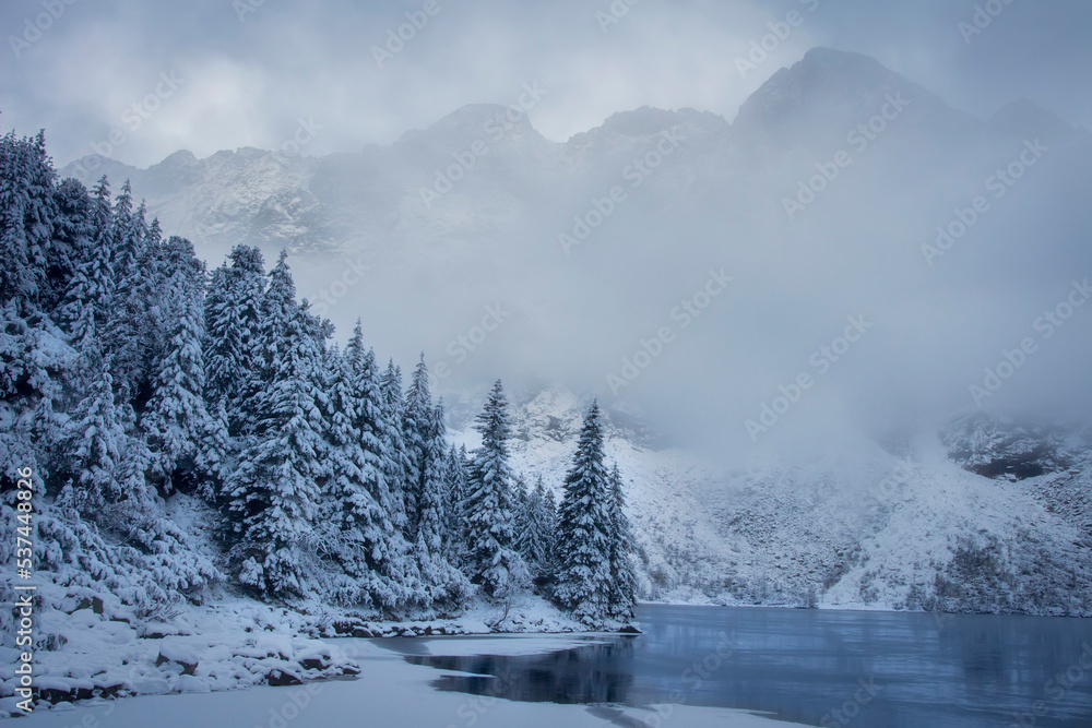 Winter landscape in mountains Tatras, Poland. Foggy morning near lake in mountains. Woodland snow covered on hillside of mountains Tatras.