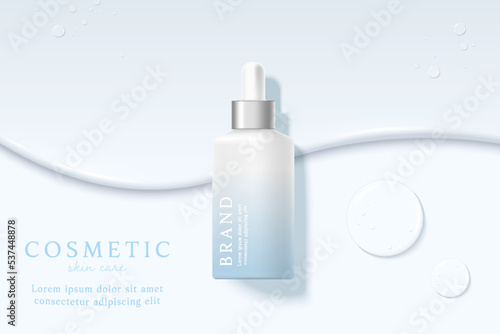 Cosmetics and skin care product ads template on blue background with water drop.
