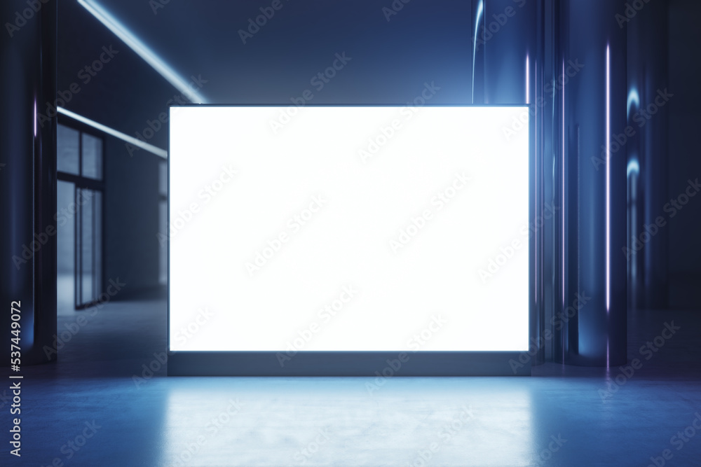 Front view on blank white illuminated screen with space for your logo or text on glossy floor with reflection on dark empty room background. 3D rendering, mockup Front view on blank white illuminated screen with space for your logo or text on glossy floor with reflection on dark empty room background. 3D rendering, mockup