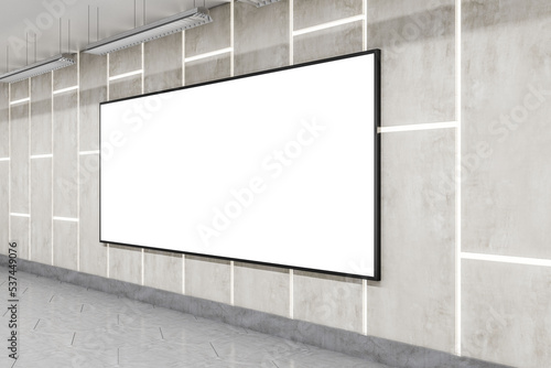 Fototapeta Naklejka Na Ścianę i Meble -  Perspective view on blank white poster with place for your logo or text on concrete plates wall in empty industrial style tunnel. 3D rendering, mockup