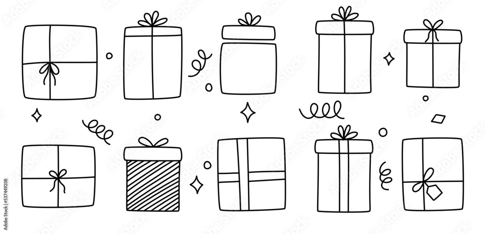Gift boxes Vector, svg presents. Set of 10 presents and stars. Minimalistic  line art drawing. Hand drawn outline vector illustration. Doodle sketch  style. New Years, christmas, birthday. Stock Vector