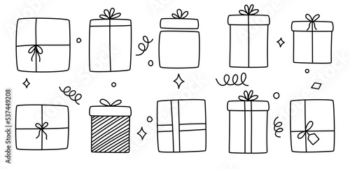 Gift boxes Vector, svg presents. Set of 10 presents and stars.  Minimalistic line art drawing. Hand drawn outline vector illustration. Doodle sketch style. New Years, christmas, birthday.
