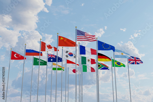 G20 flag summit Silk waving flags countries of members Group of Twenty political 2022 world leaders unity meeting G 20 organization with flagpole on background blue sky with clouds