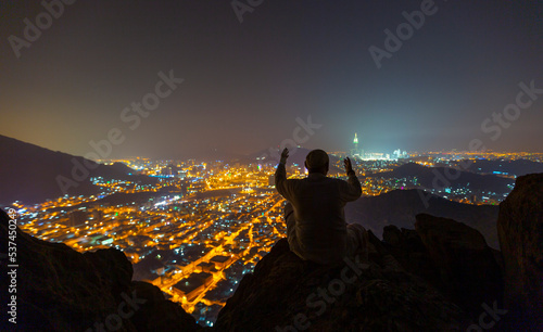 A view of Mecca City,Masjidlharam during the dawn fajr from the Mount of light 