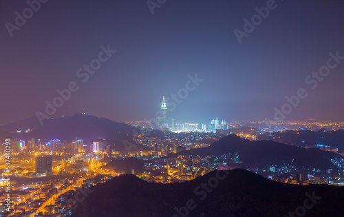 A view of Mecca City,Masjidlharam during the dawn fajr from the Mount of light 