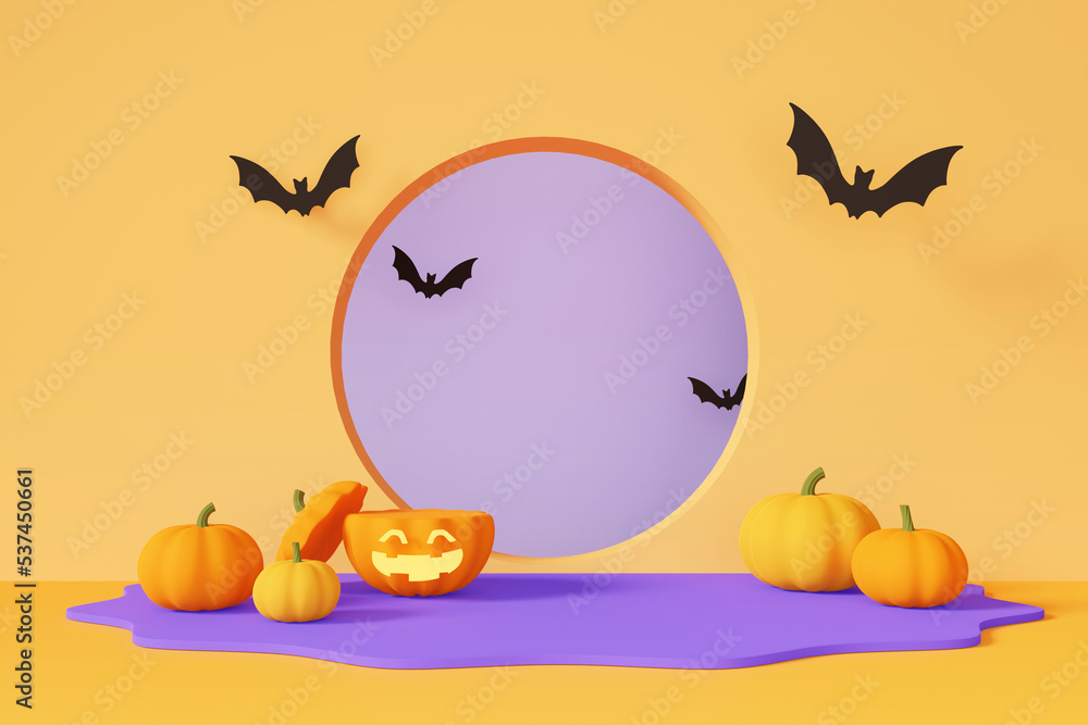 3D rendering purple product display  with pumpkins and flying bats on orange background. Happy Halloween theme.