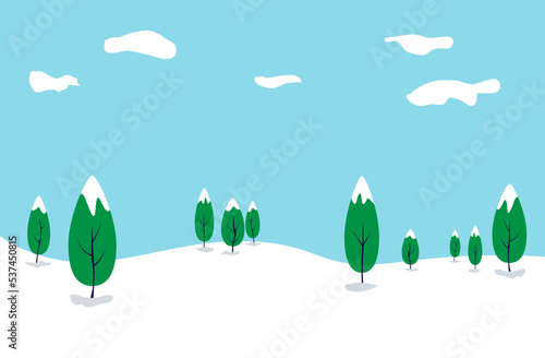 Landscape of snowy lowland with trees. Vector illustration