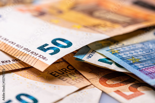 Money background from 50 and 20 euro banknotes. Euro banknote closeup
