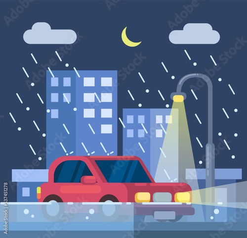 Car at raining night and flood disaster scene illustration vector