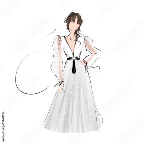 Beautiful young girl wearing white polkadot dress with big puffy sleeves striking a pose