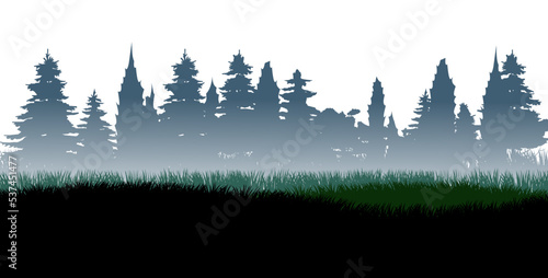 Foggy morning in taiga. Coniferous forest with firs and pines. Landscape with trees and grass. Silhouette picture. Isolated on white background. Vector.