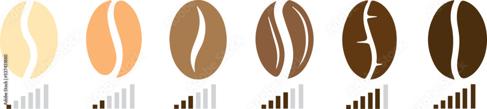 Coffee roasting guide. Realistic coffee beans in various roasting stages on white plates vector illustration. Caffeine drink roasted, coffee bean natural Coffee roasting guide. Realistic coffee beans in various roasting stages on white plates vector illustration. Caffeine drink roasted, coffee bean natural