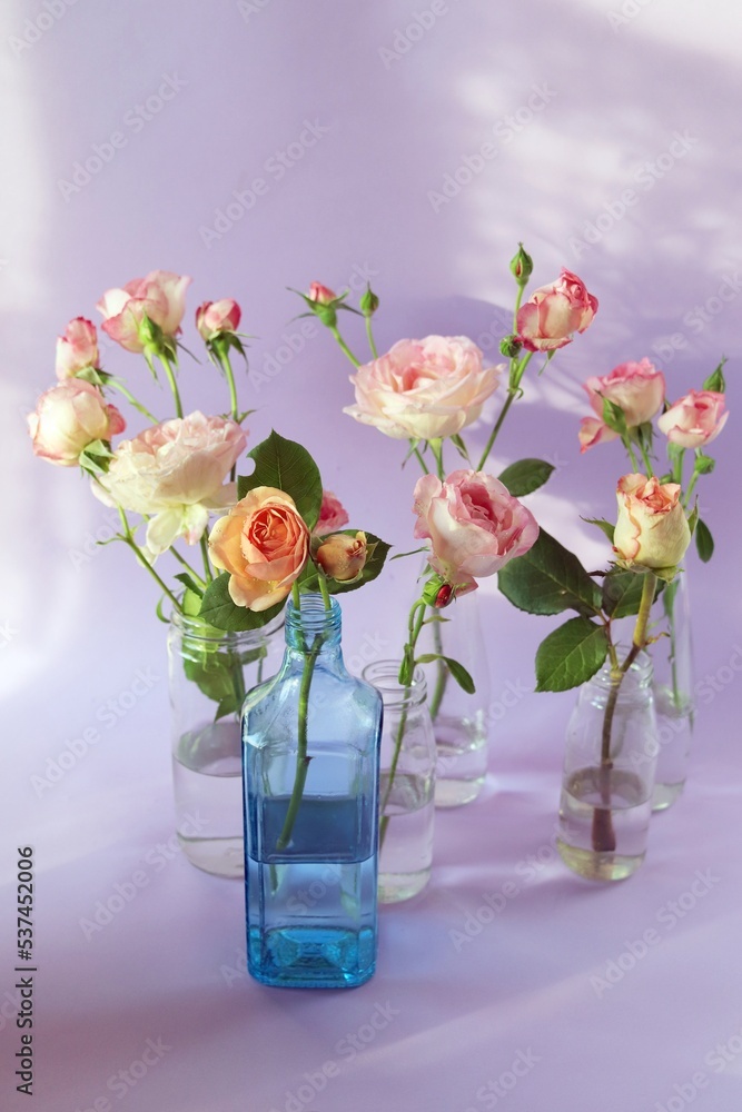 Fresh pink roses in glass transparent vases, flowers for romantic greetings, happy birthday, invitations, postcard Fresh pink roses in glass transparent vases, flowers for romantic greetings, happy birthday, invitations, postcard