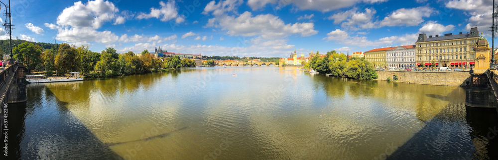 photo panorama landscape view of the river Vltava, embankment and buildings along the banks in the center of Prague, Europe