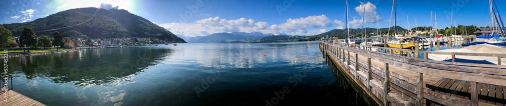 photo background, panoramic view of Lake Lucerne and the pier, and Mount Rigi, Lucerne, Switzerland, Europe