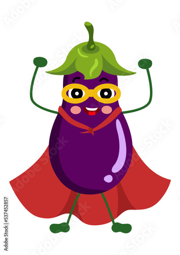 Funny eggplant mascot in traditional costume of superhero

