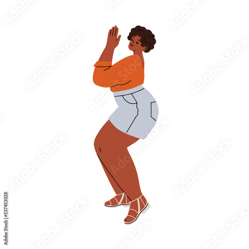 Young chunky girl dancing. Happy curvy black woman enjoying music, twerking. African-American plump female in motion, fun movements. Flat graphic vector illustration isolated on white background