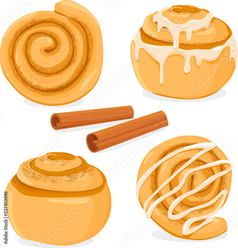 Cinnamon rolls buns with frosting and cinnamon sticks. Vector illustration