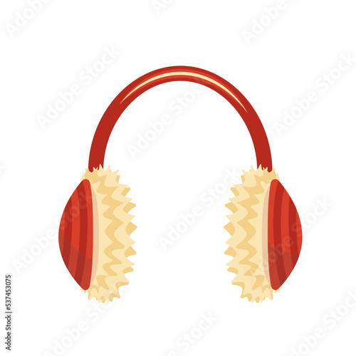 Earmuff. Red fluffy earmuff. Warm headphones. Flat, cartoon, vector