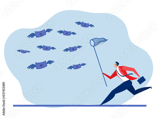 active income,businessman trying to catch money fly .Financial success and earnings of business people. Investor success vector illustrator