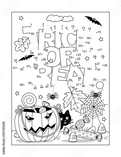 Halloween "Trick or treat!" greeting dot-to-dot picture puzzle and coloring page, poster, sign or banner black and white activity sheet 
