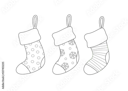 Set of Christmas stokings coloring book. Black and white Christmas socks. Vector