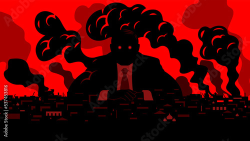 Furious giant unrecognizable person under small city. Tyrant with flaming eyes. Burning ruins of destroyed after war buildings in city. Concept of attack, invasion, Intervention. Vector illustration