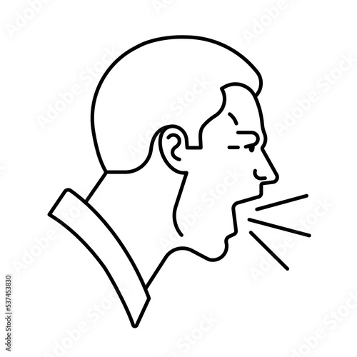 Screaming man icon. Angry, furious person yelling. Line icon of male face, profile view, head and short hair, emotional expression. Outline illustration for design, label, infographic.