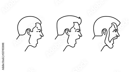Screaming man icon set. Angry, furious persons yelling. Line icon of male faces, profile view, heads emotional expression. Outline illustration for design, label, infographic.