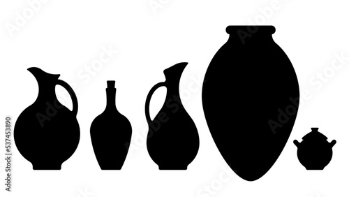 Georgian pottery black silhouette. Old ceramic vase, jar, wine amphora qvevri. Traditional georgian clay pots, jugs and Kvevri vessel. Isolated vector.  photo