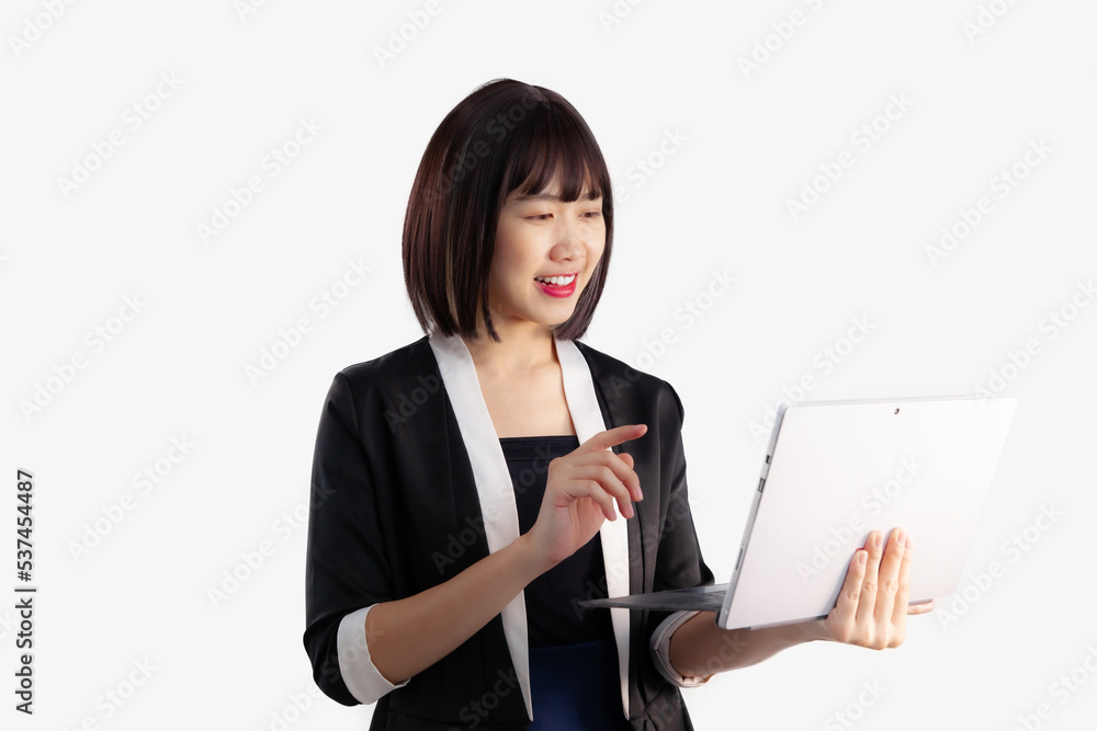 Asian pretty businesswoman short hairstyle touching on tablet screen white background.
Asian pretty businesswoman short hairstyle touching on tablet screen white background.