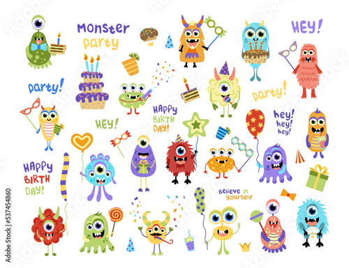 Monster Birthday Party. Big set monsters with holiday