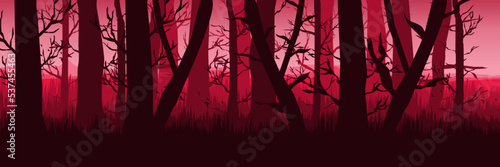 spooky dead forest silhouette sunset landscape vector illustration good for wallpaper, background, banner, backdrop, halloween and design template