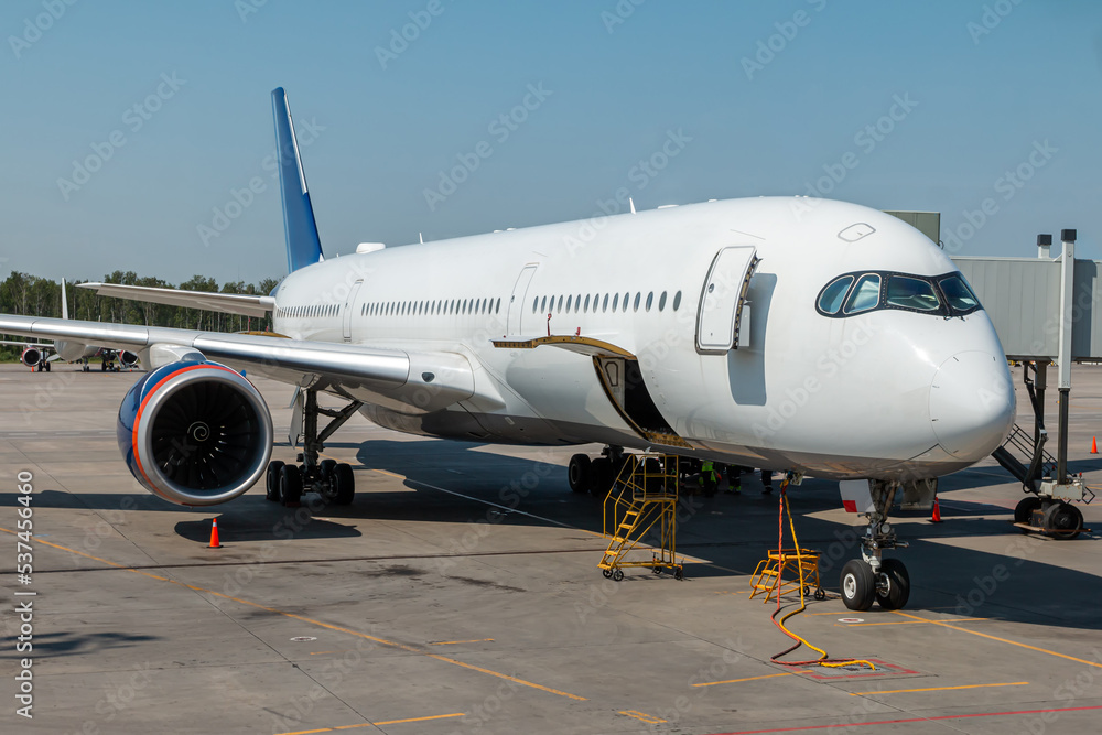 Modern white wide body passenger airliner with open luggage compartment at the airport apron Modern white wide body passenger airliner with open luggage compartment at the airport apron