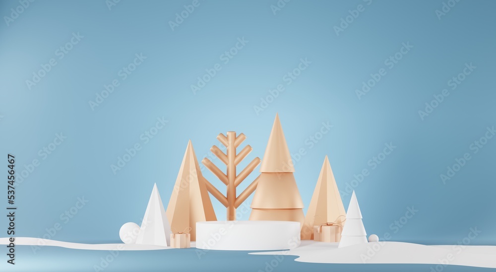 3d Render Merry Christmas Podium platforms scene decorate with christmas tree, gifts, ball and snowflakes in winter season theme. Abstract minimal pedestal product display Festivel Xmas. 3d Render Merry Christmas Podium platforms scene decorate with christmas tree, gifts, ball and snowflakes in winter season theme. Abstract minimal pedestal product display Festivel Xmas.