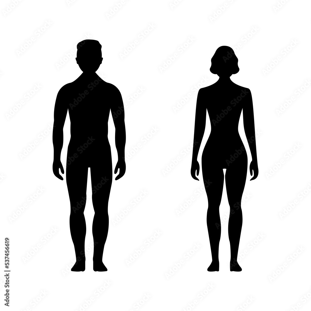 Male and female human character, people man woman front body silhouette isolated on white, flat vector illustration. Black mannequins scale concept.