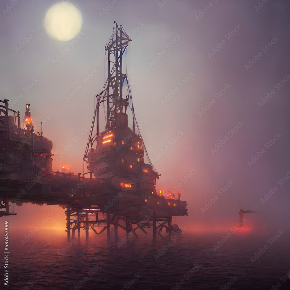 a soviet steampunk oil rig in fog at night 